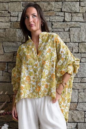 Daughter Of Ibiza Lovechild Balloon Sleeve Shirt Olive & Marigold Pre order 14 days